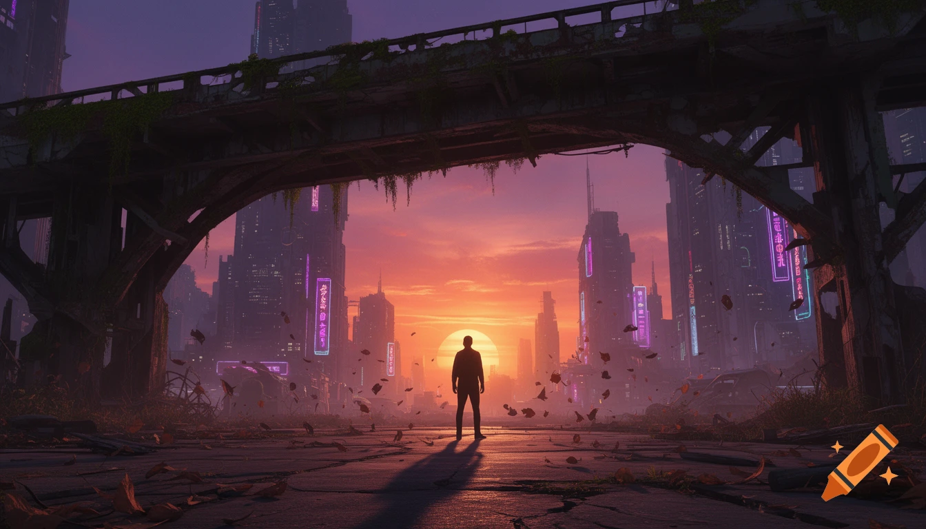 A lone figure stands under a crumbling overpass, gazing at a fiery sunset over a ruined cyberpunk city with neon lights.