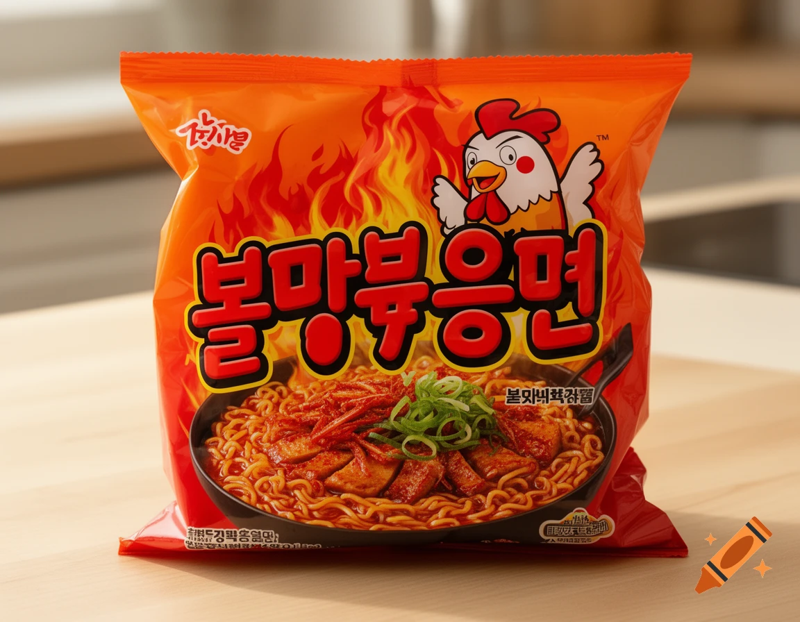 A vibrant orange package of Buldak Ramen, featuring a cartoon chicken and a bowl of spicy noodles, on a wooden counter.