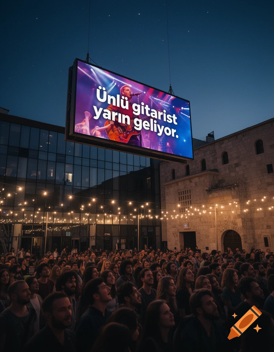 A large crowd looks up at a big outdoor screen displaying a guitarist during a night concert.