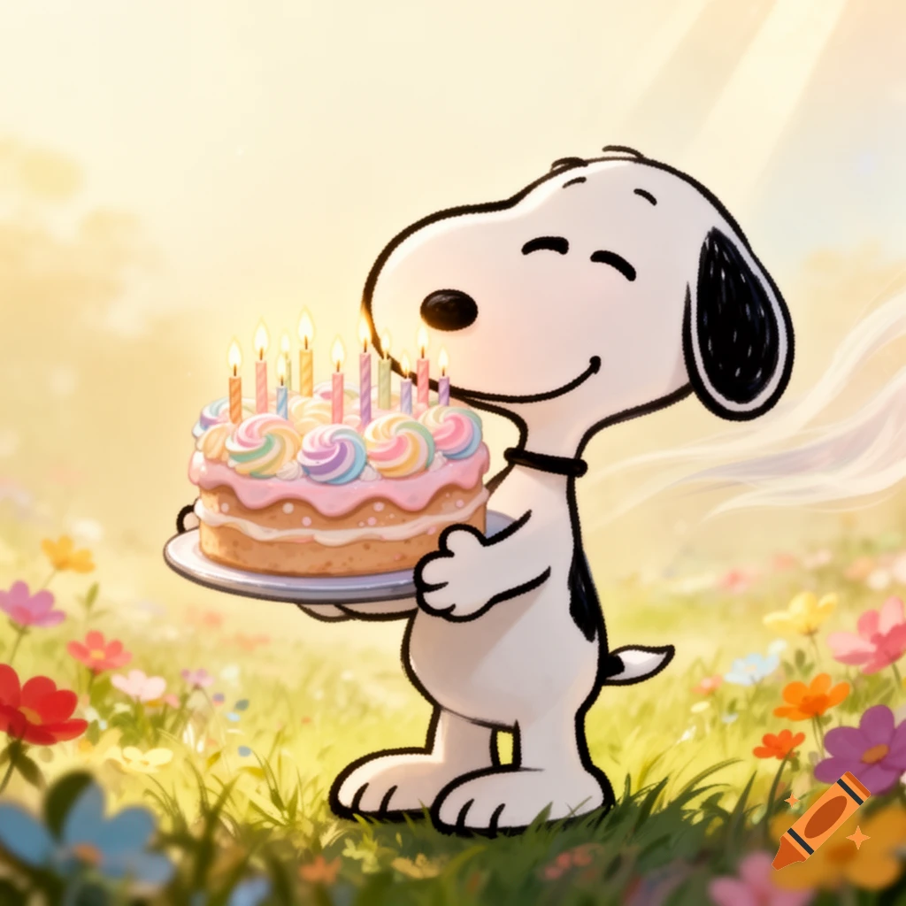 Snoopy, the cartoon dog, happily holds a colorful birthday cake with lit candles in a field of flowers.