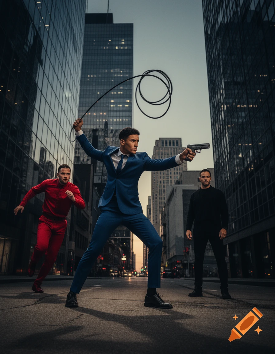 A man in a blue suit with a gun and whip faces forward on a city street, flanked by a running man in red and a standing man in black. Photorealistic.