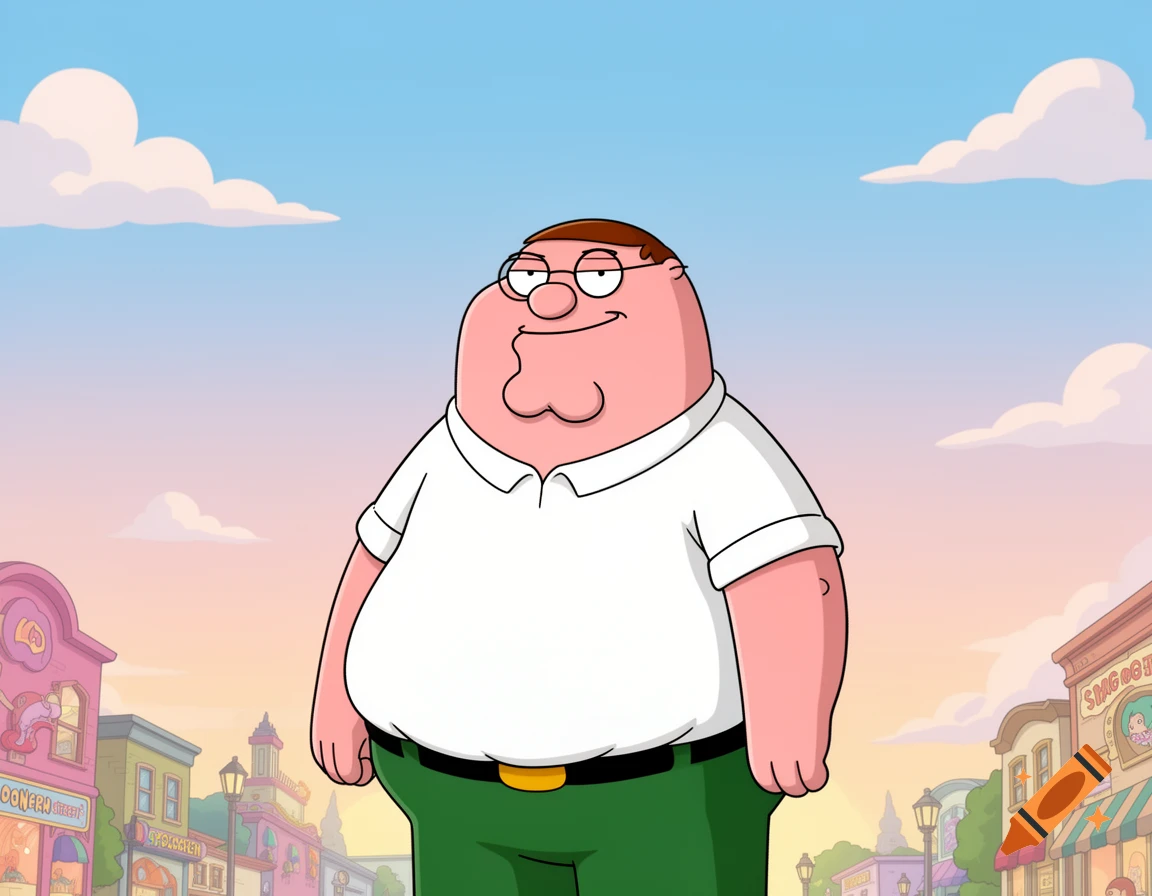 Peter Griffin from Family Guy stands smiling in a cartoon street scene, wearing a white polo shirt and green pants.