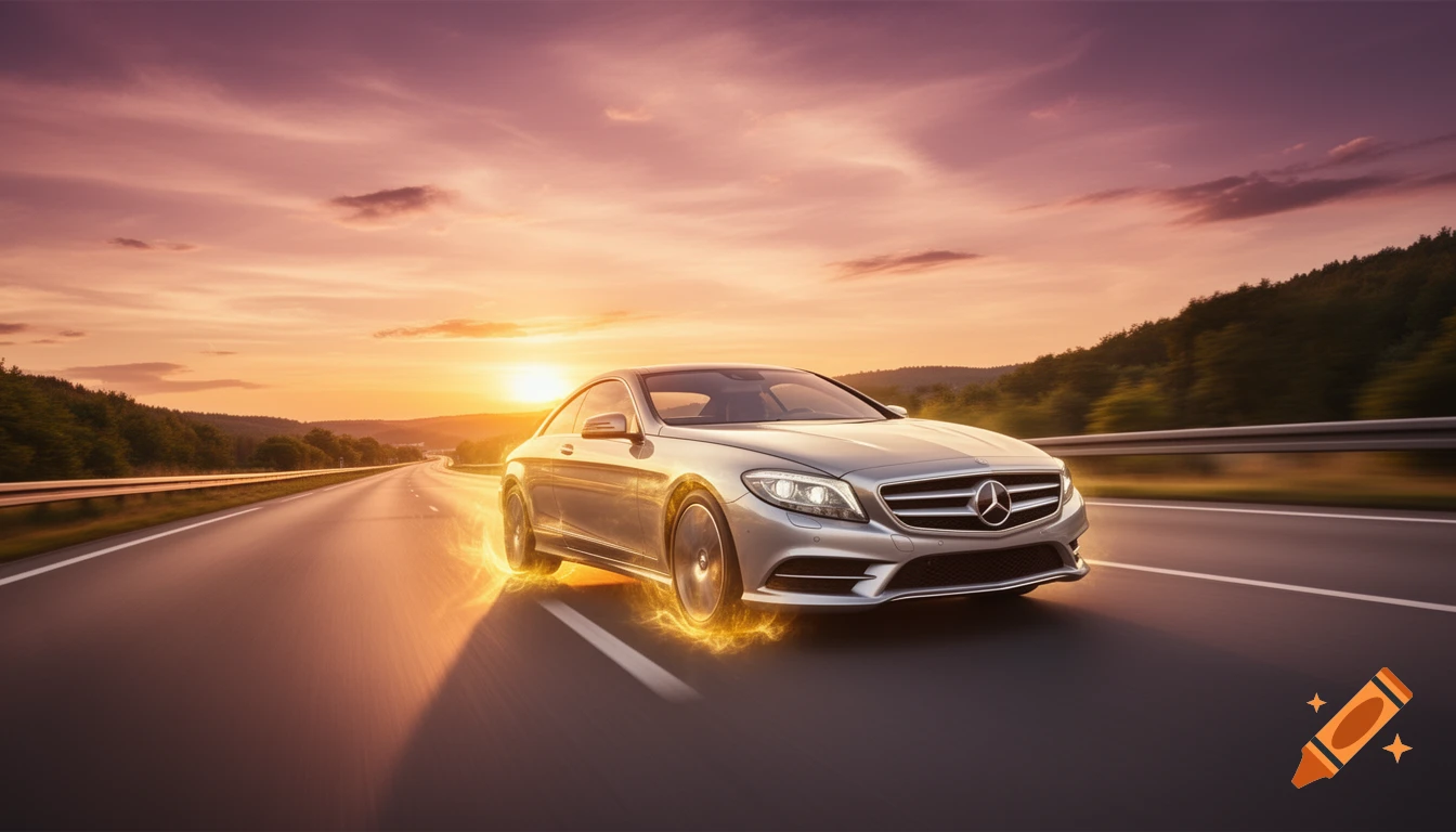 A silver Mercedes-Benz CL 500 speeds down a highway at sunset, with golden aura-like light around its tires.