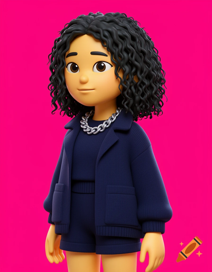 A cute 3D avatar of a young woman with curly hair, wearing a dark blue knit short set and a silver chain necklace against a bright pink background.