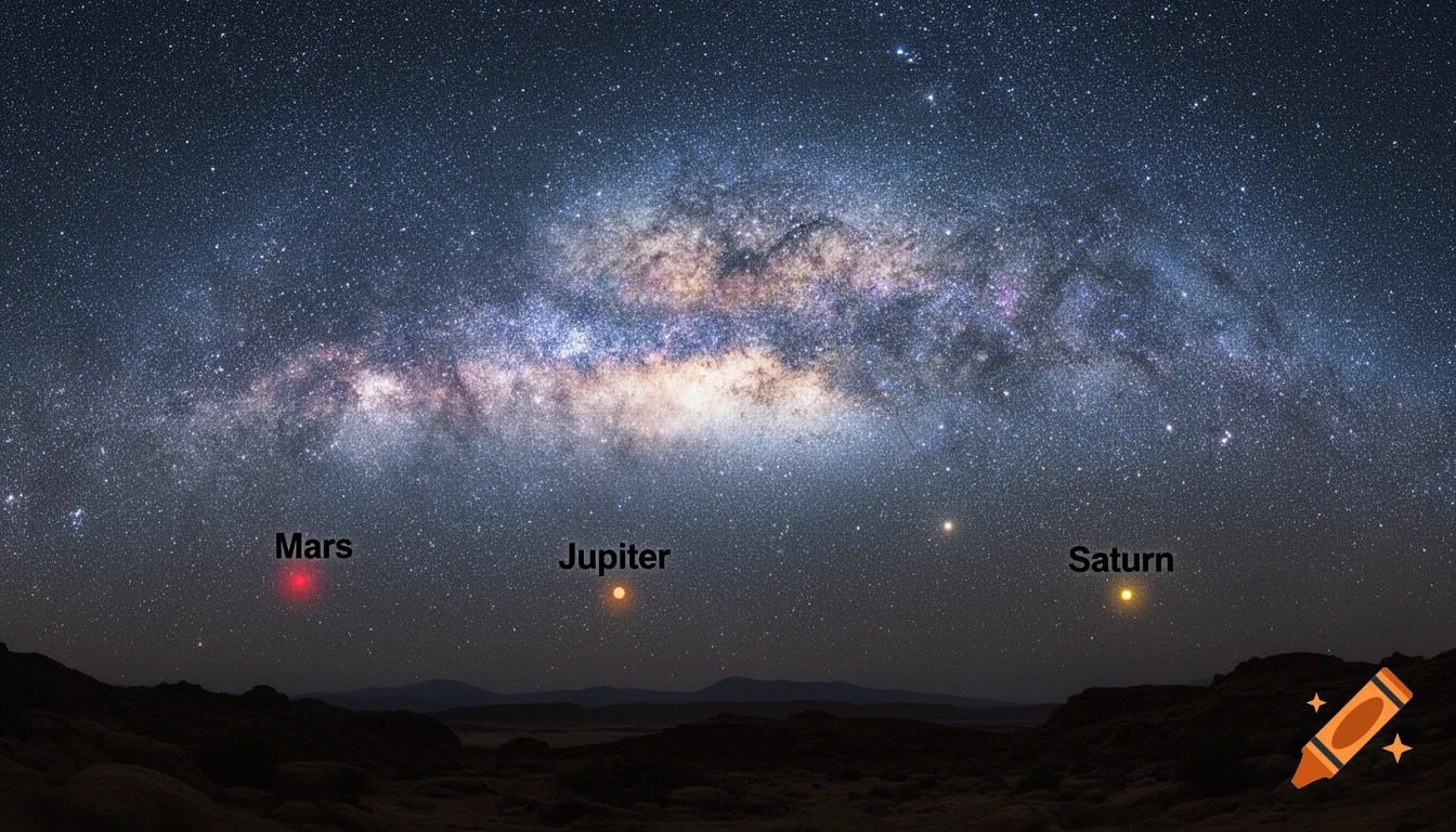 A photorealistic panorama of the Milky Way galaxy, with labeled planets Mars, Jupiter, and Saturn visible above a dark landscape.