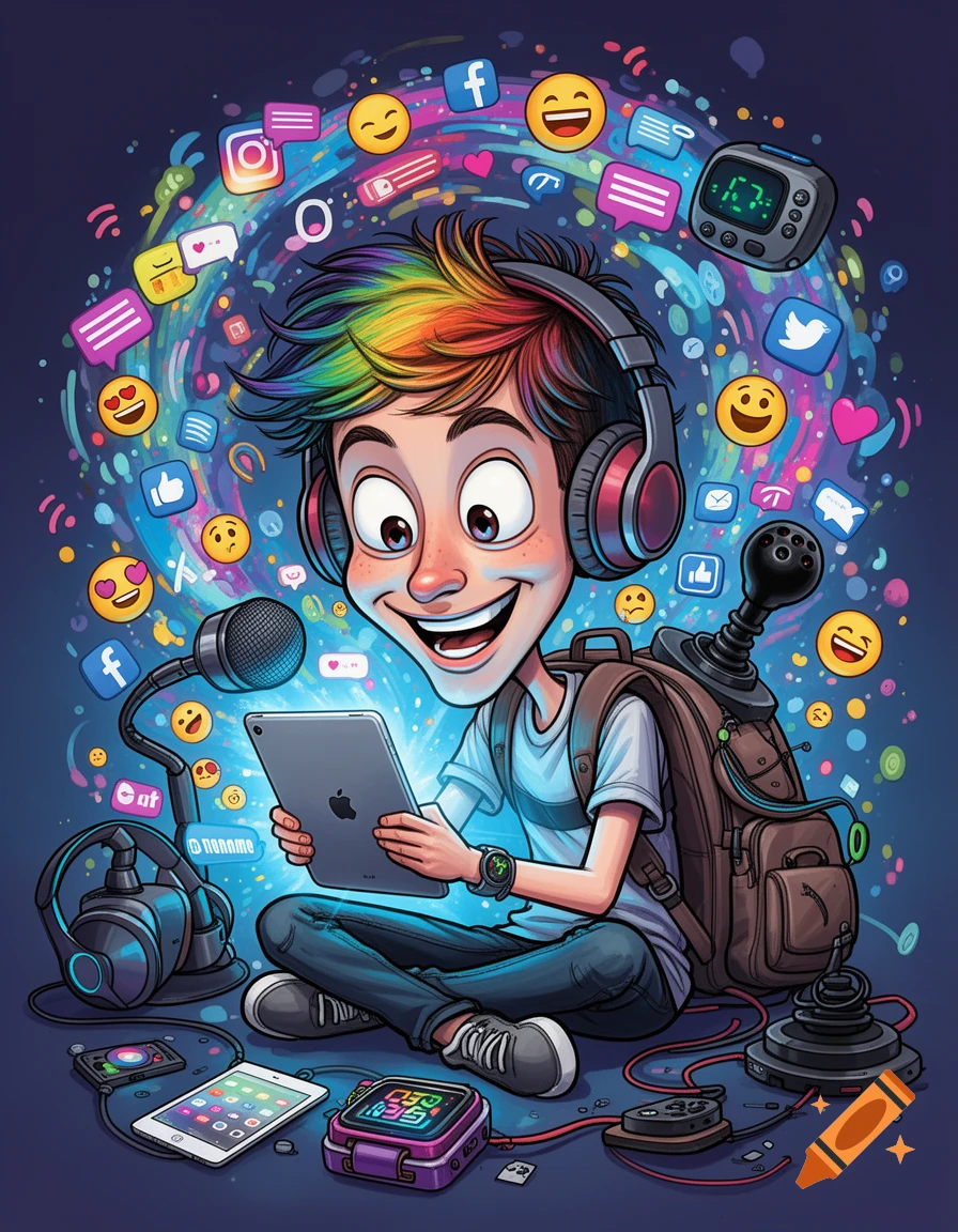 A smiling, rainbow-haired cartoon boy with headphones and a backpack sits cross-legged, absorbed in an iPad. Social media icons and tech gadgets swirl around him in a vibrant, digital art style.