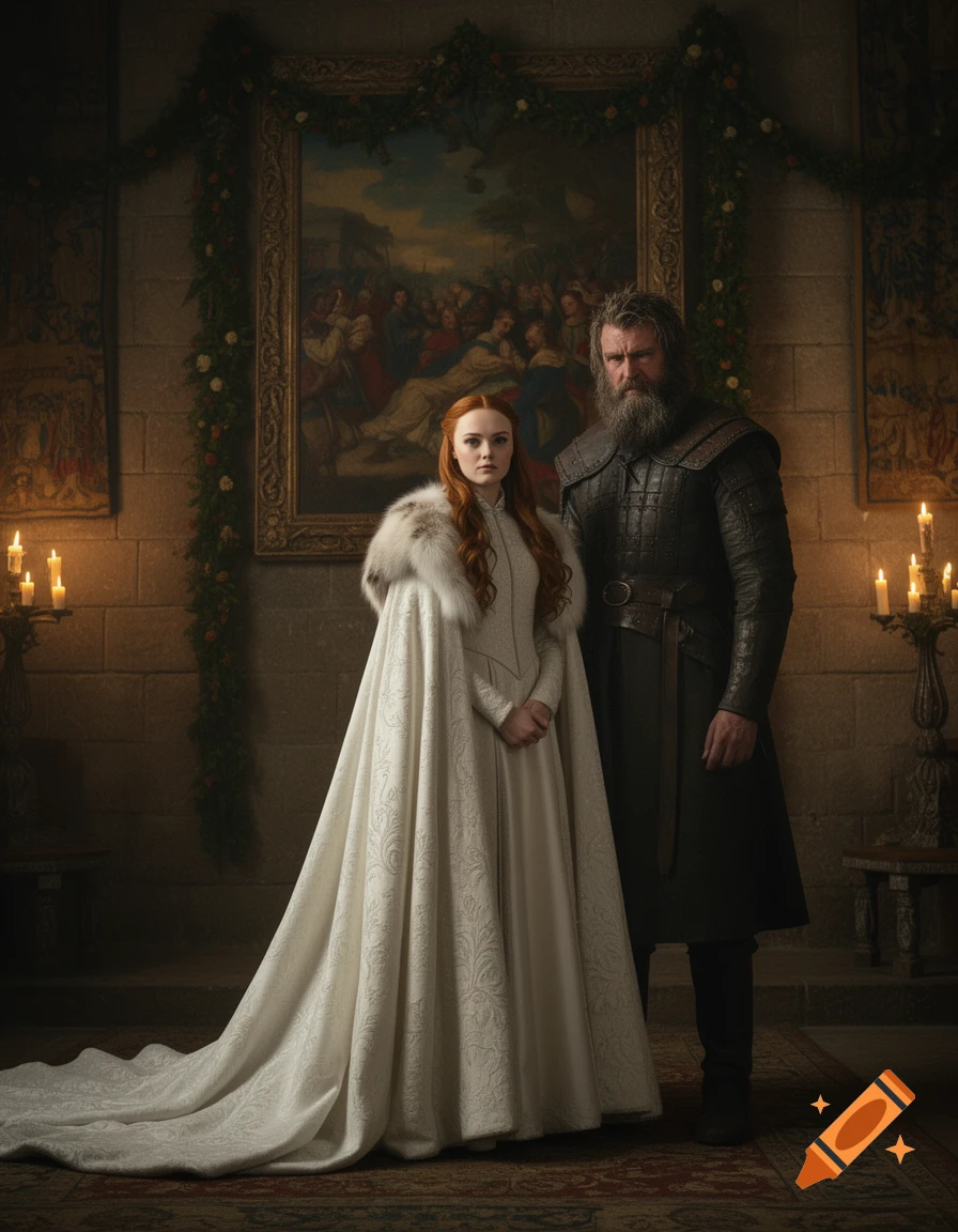 A woman in a white fur-trimmed cloak stands beside a bearded man in dark armor in a candlelit stone hall with a large painting.