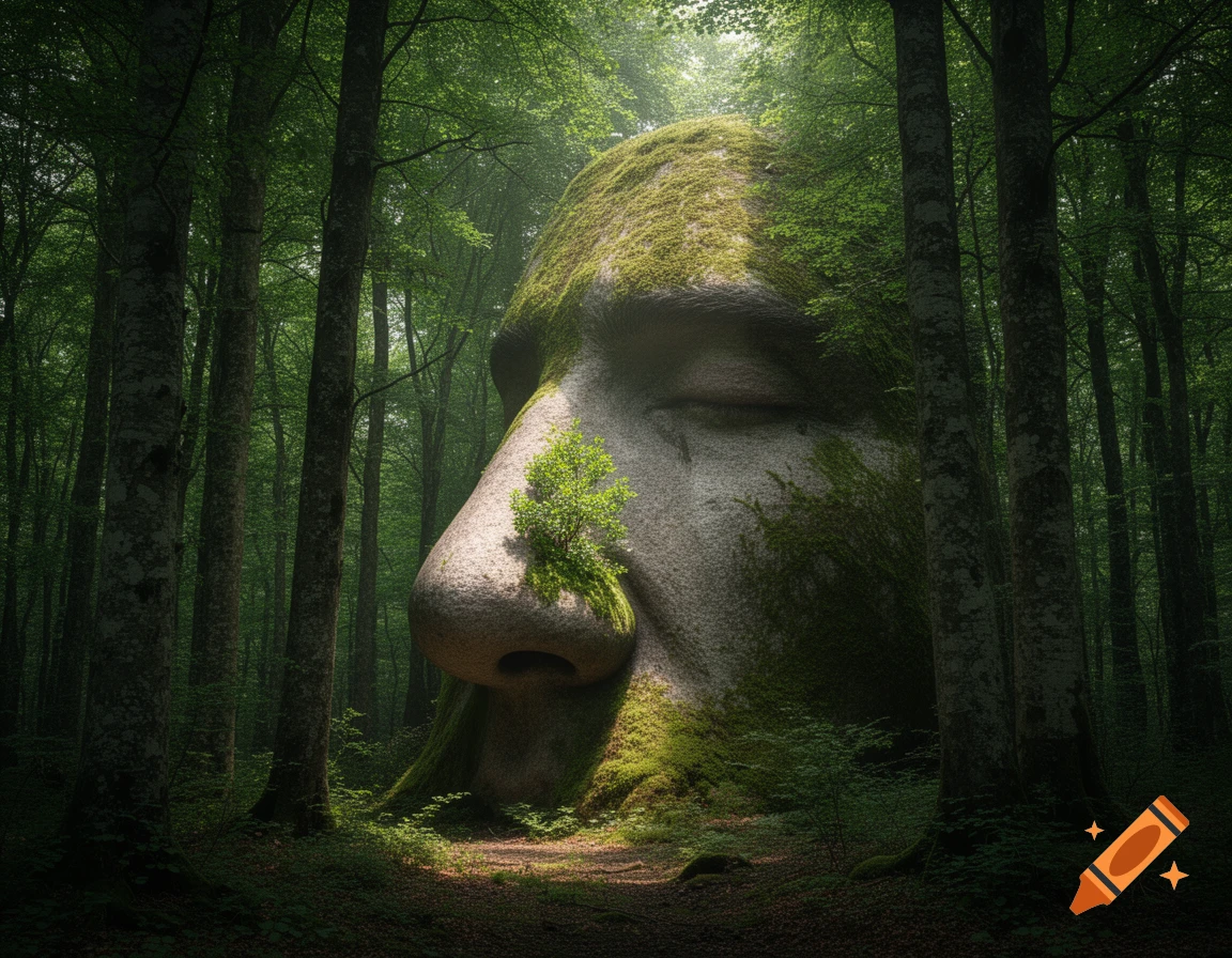 Photorealistic image of a giant, moss-covered stone face, resembling a nose and eye, rising from the ground in a dense, lush forest.