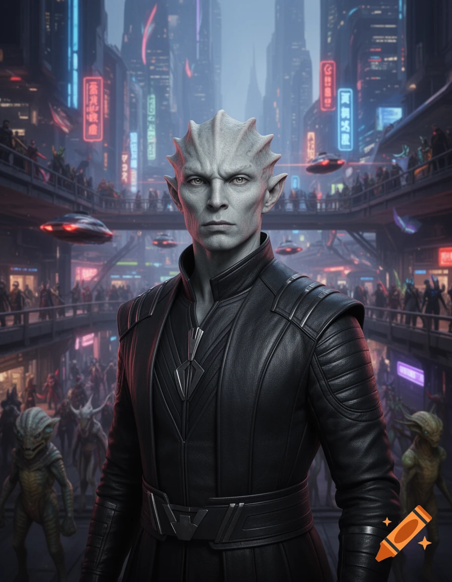 A gray-skinned humanoid alien with head ridges and pointed ears stands in a futuristic cyberpunk city with neon signs.