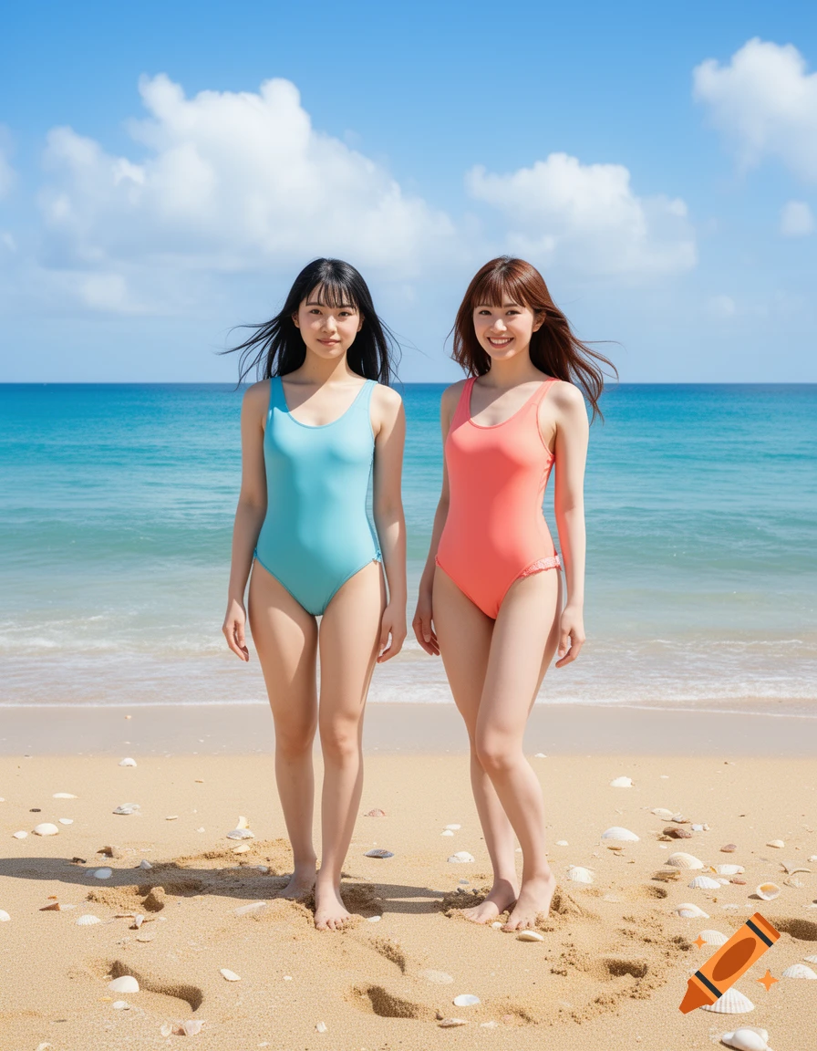 Two women in light blue and coral one-piece swimsuits smile on a sunny beach with the ocean behind them.