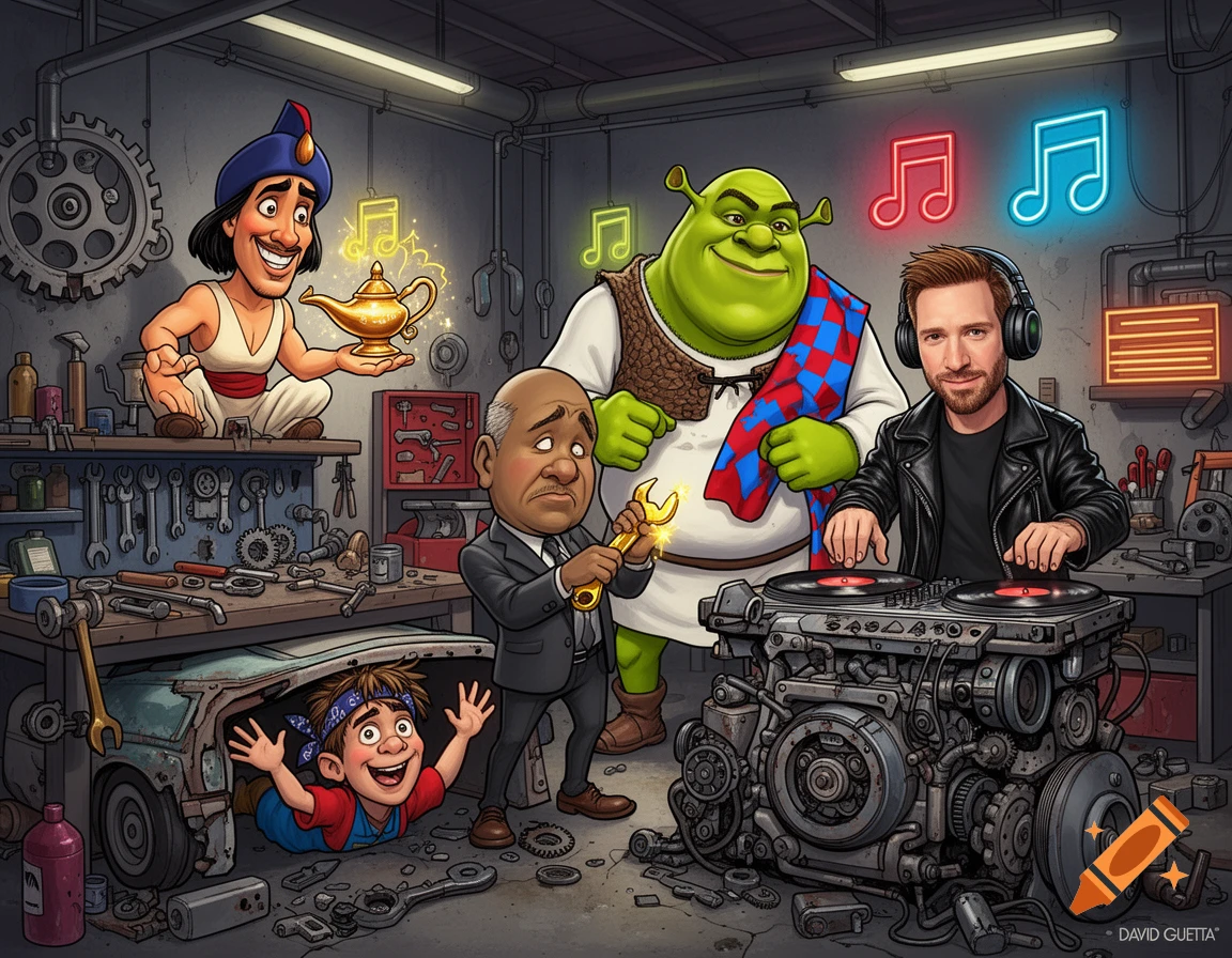 Cartoon caricature of Aladdin, Shrek, a man resembling Danny DeVito, and David Guetta DJing on an engine in a messy garage, with a child in a car.