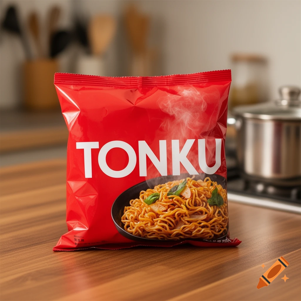 Red 'TONKU' ramen packet with cooked noodles on a kitchen counter.