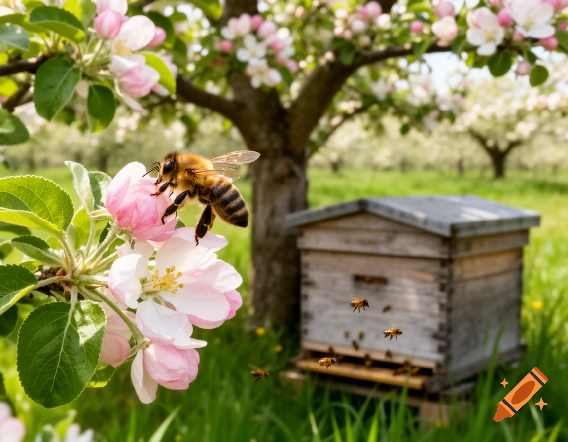 A honeybee on a pink apple blossom, with a beehive and more bees flying around it in a blooming orchard.