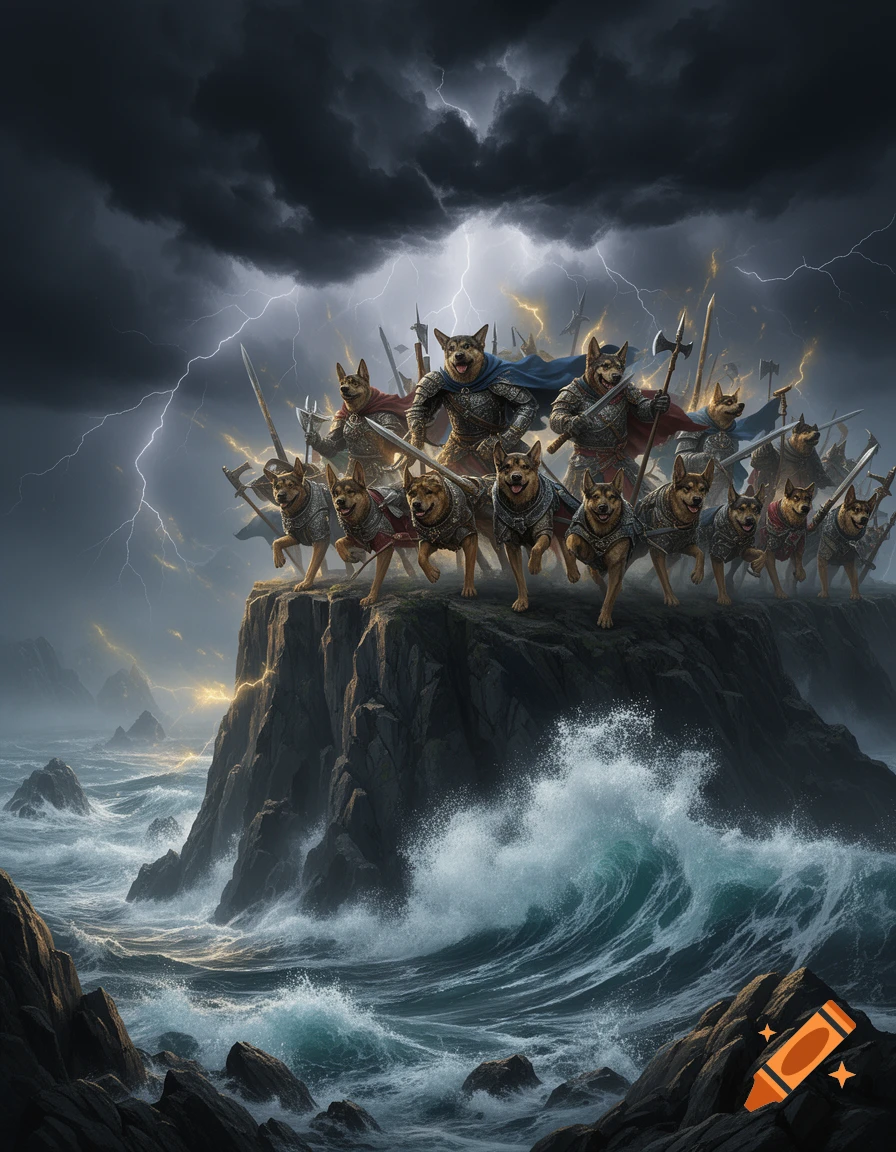 Epic dark fantasy art of armored warrior dogs on a stormy cliff overlooking a turbulent sea with lightning.