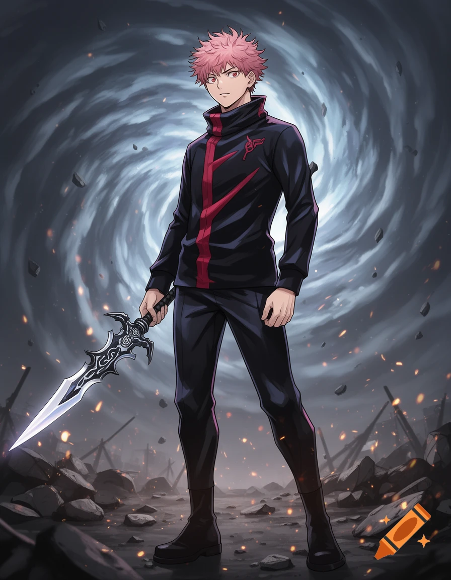 An anime character with pink spiky hair, wearing a black and red uniform, stands holding a detailed fantasy sword against a swirling dark background of rubble and sparks.