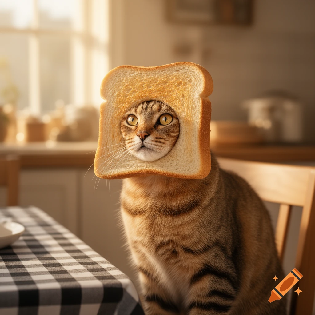 A photorealistic tabby cat wears a slice of white bread around its head, sitting at a kitchen table with a checkered tablecloth.