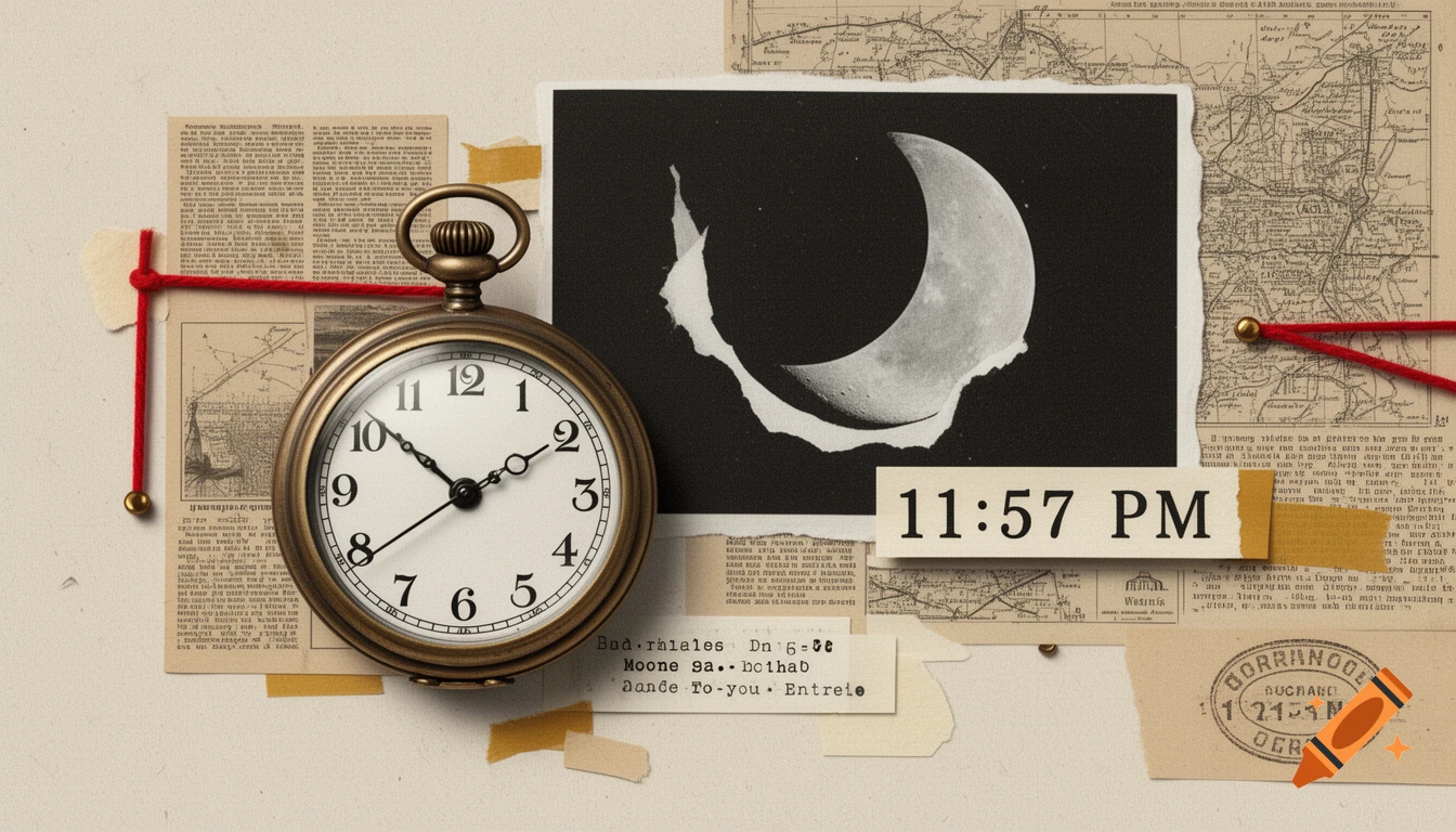 A vintage collage featuring an antique brass pocket watch, a black and white torn paper crescent moon, and a label reading "11:57 PM", all on a background of aged newsprint and map fragments with red string accents.