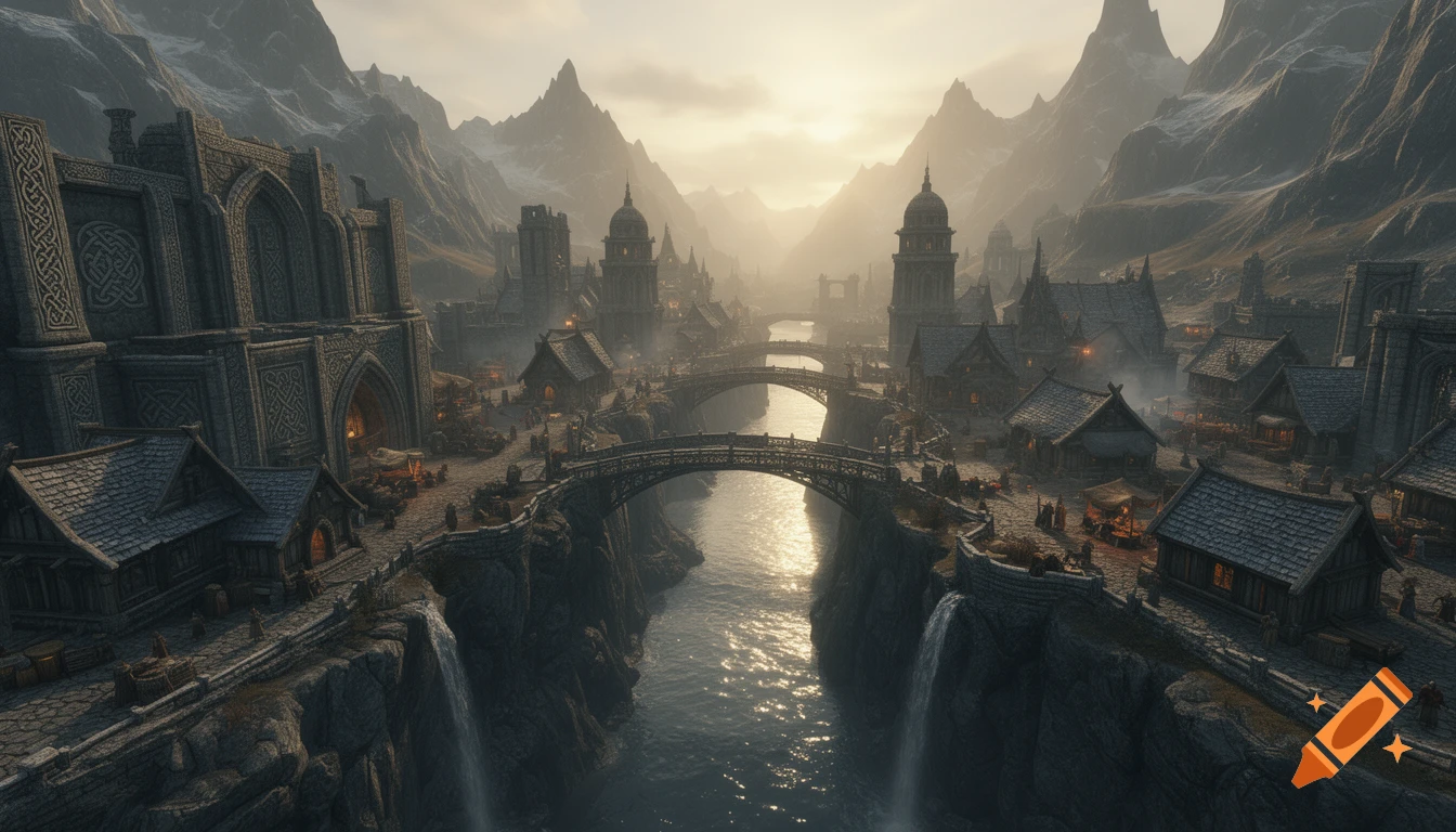 An aerial view of a sprawling fantasy city built into stony mountains, with bridges crossing a river and waterfalls, under a hazy sky.