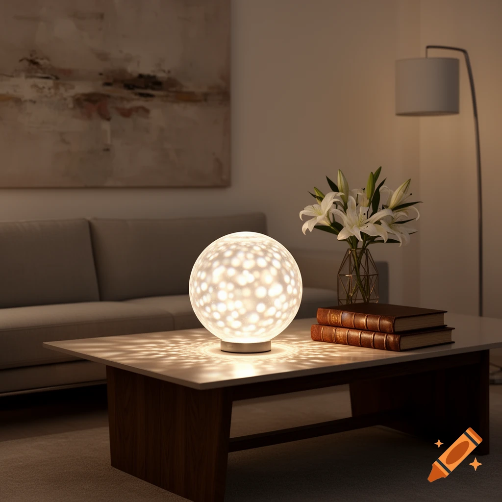 A photorealistic image of a living room with a glowing spherical lamp on a coffee table, next to white lilies and books.