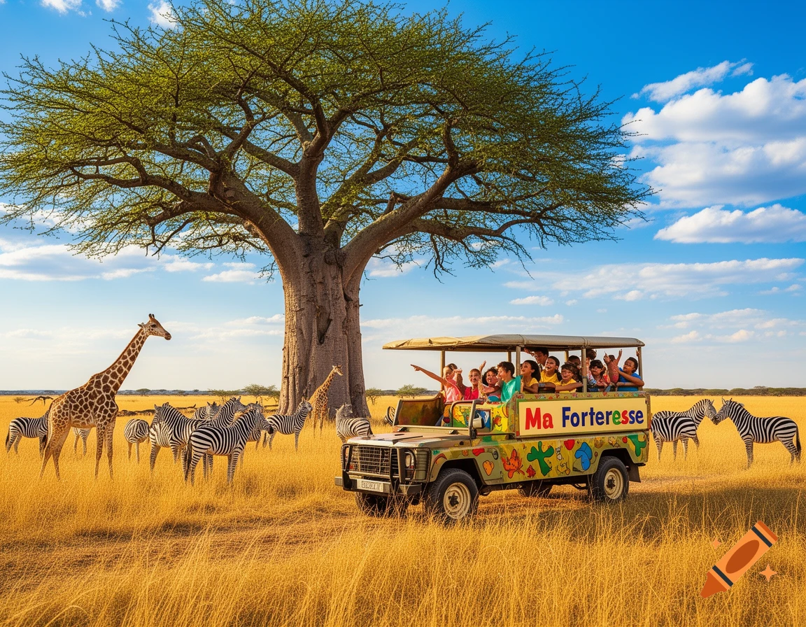 Children on a safari jeep with "Ma Forteresse" written on its side, surrounded by zebras, giraffes, and a large baobab tree in a sunny savanna.