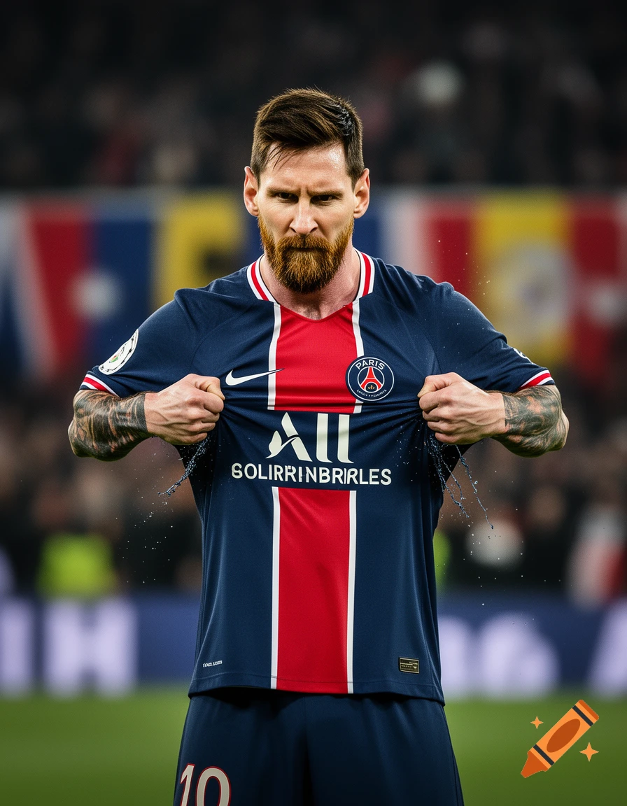 Photorealistic image of Lionel Messi in a Paris Saint-Germain jersey, tearing it open in a stadium, looking intensely at the viewer.
