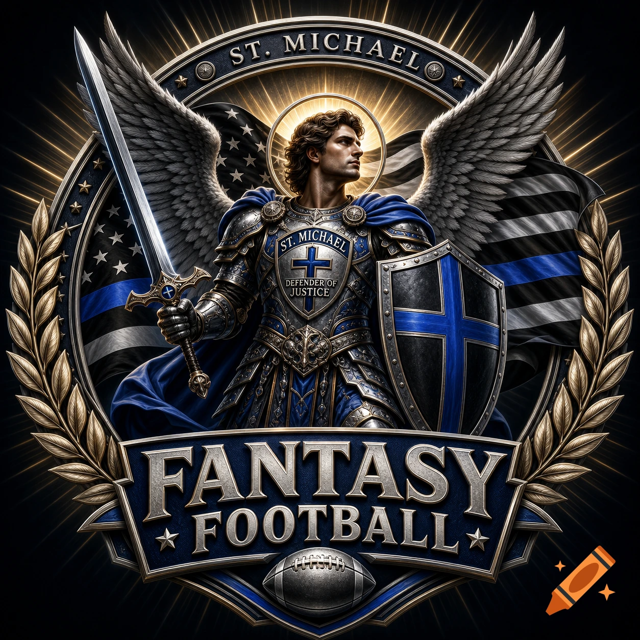An emblem featuring an armored St. Michael with wings, sword, and shield, in front of a thin blue line American flag, with "FANTASY FOOTBALL" text.