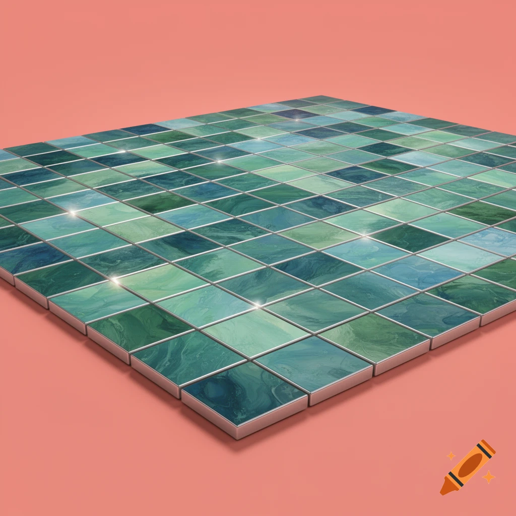 A grid of square tiles with green and blue marbled patterns and silver edges, against a coral background.
