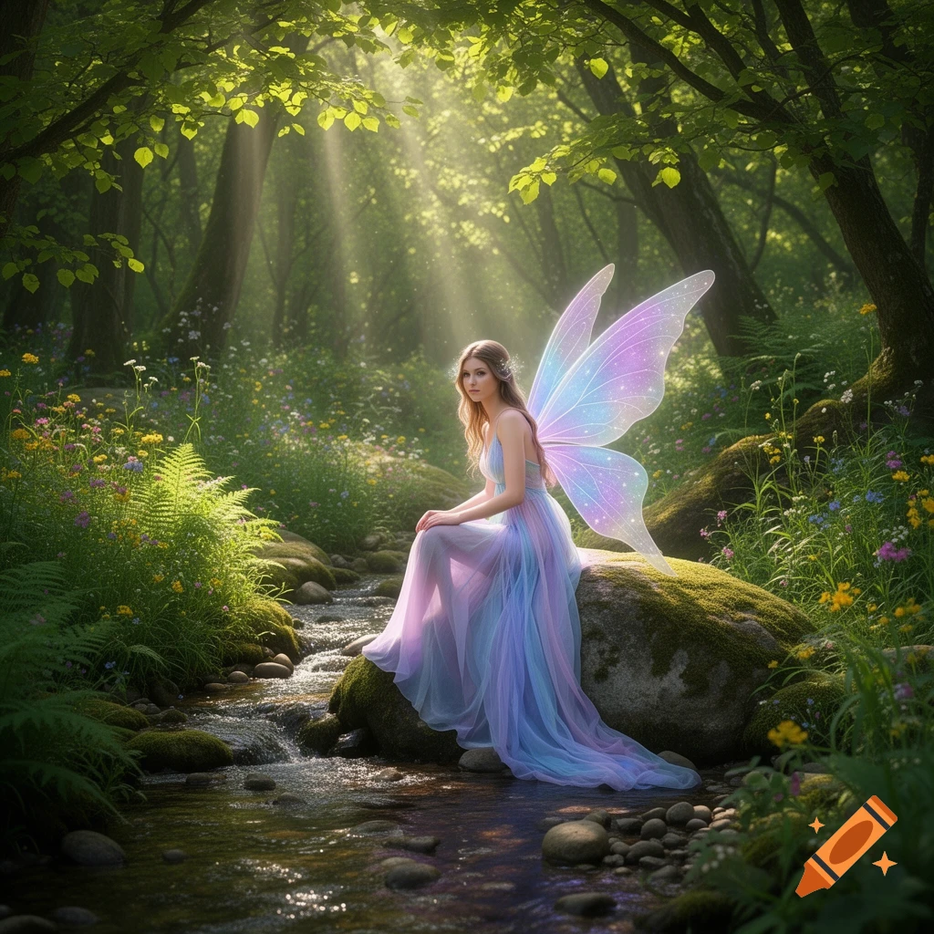 A beautiful fairy with iridescent wings sits on a mossy rock by a stream in a sun-dappled forest, fantasy art.