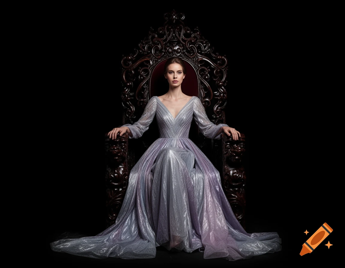 A photorealistic portrait of a woman in a shimmering silver gown with long sleeves, sitting elegantly on an ornate, dark wooden throne against a black background.
