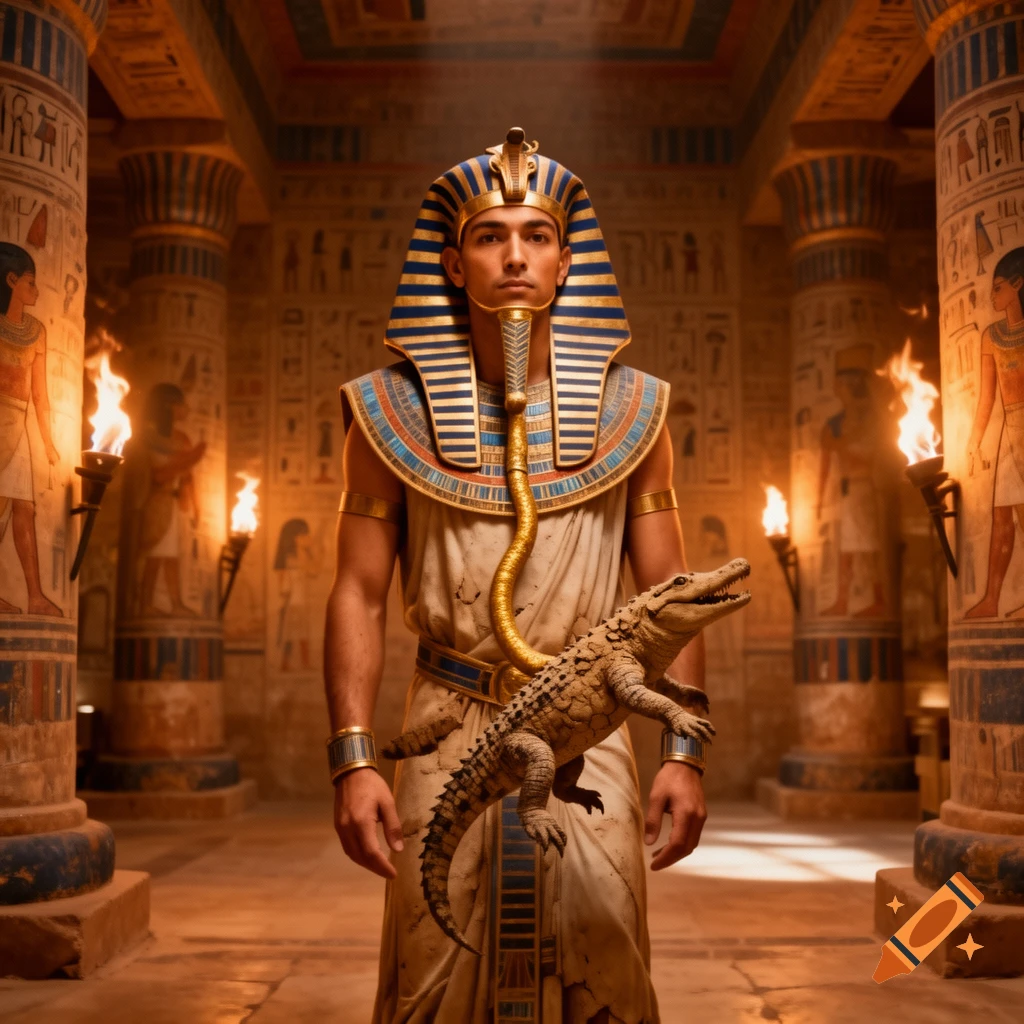 A pharaoh in a gold and blue headdress stands in an ancient temple, holding a crocodile dangling from his chin.