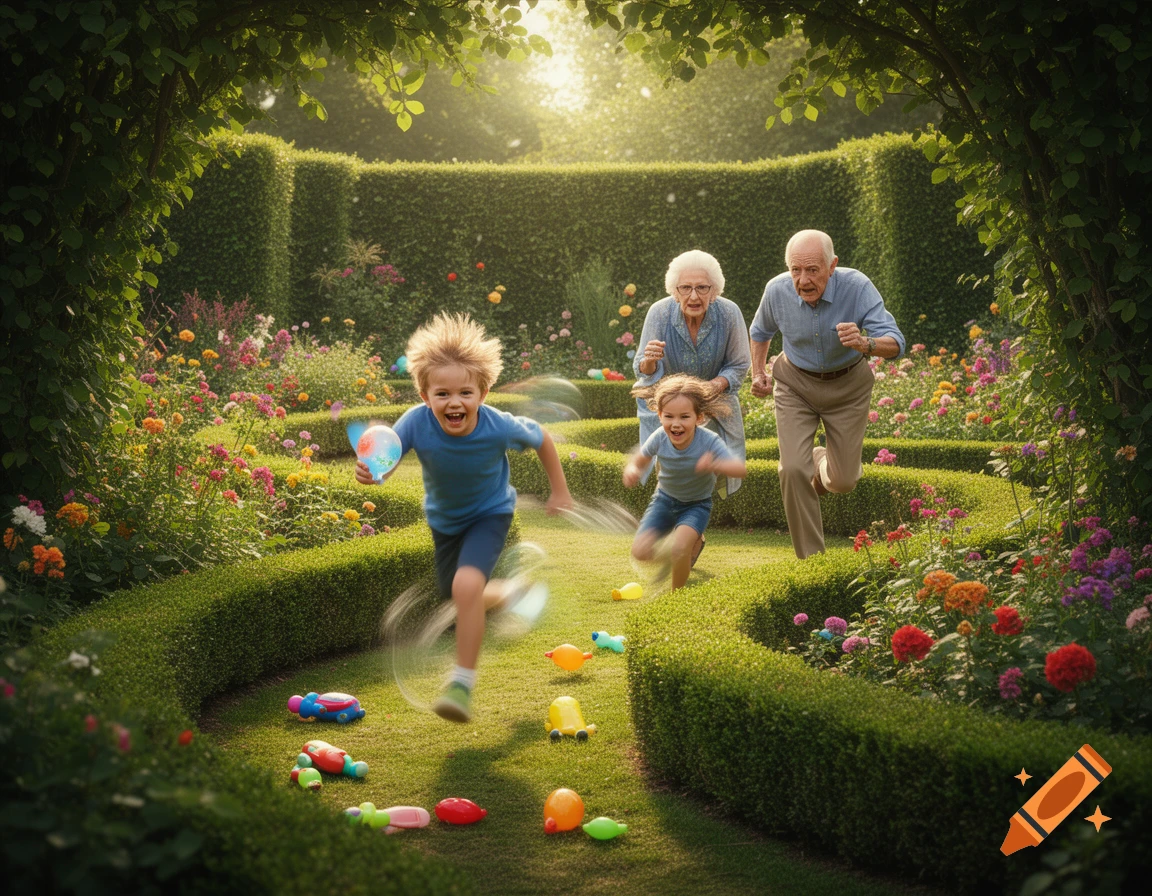 Two joyful children run through a sunny garden labyrinth, trailed by an older couple, surrounded by flowers and green hedges.
