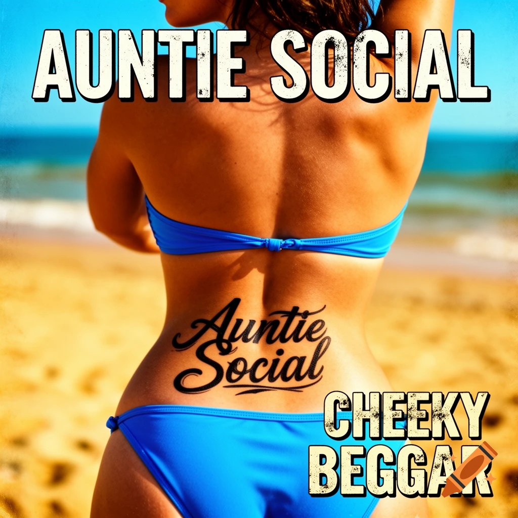 An album cover featuring a woman in a blue bikini on a beach, with 'AUNTIE SOCIAL' at the top, a 'Auntie Social' tattoo on her lower back, and 'CHEEKY BEGGAR' text in the corner.