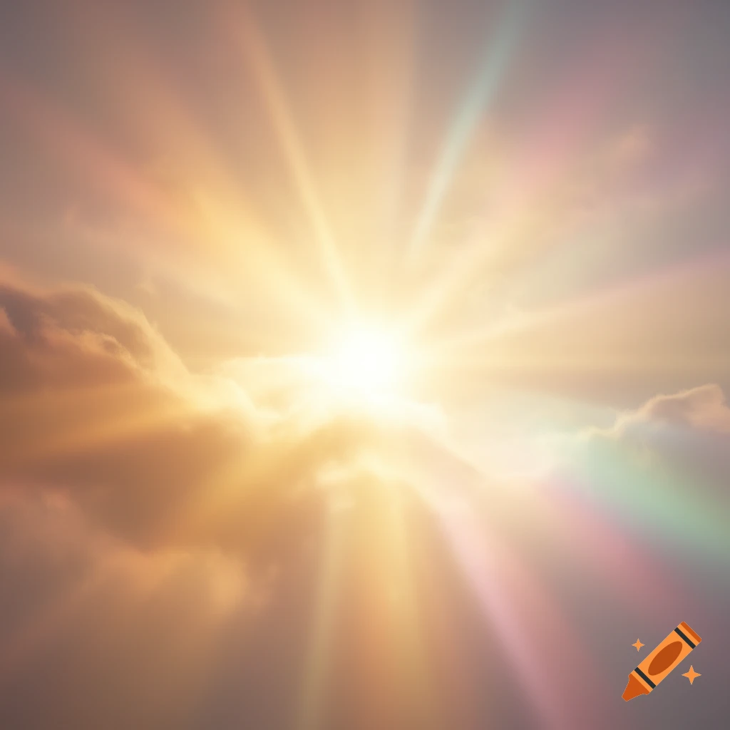 Radiant sunbeams pierce through soft, golden clouds in a bright, ethereal sky.