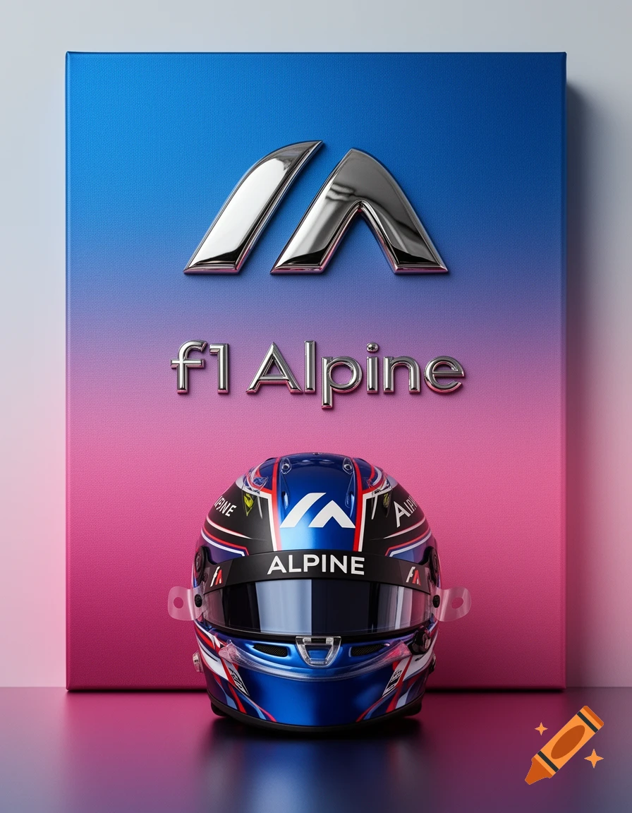 A photorealistic F1 helmet in blue, red, and white, sits before a blue-to-pink gradient canvas with 'f1 Alpine' text and a chrome Alpine logo.