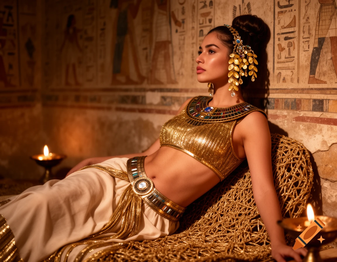 A young woman in golden ancient Egyptian attire with elaborate headwear reclines in a candlelit room with hieroglyph murals.