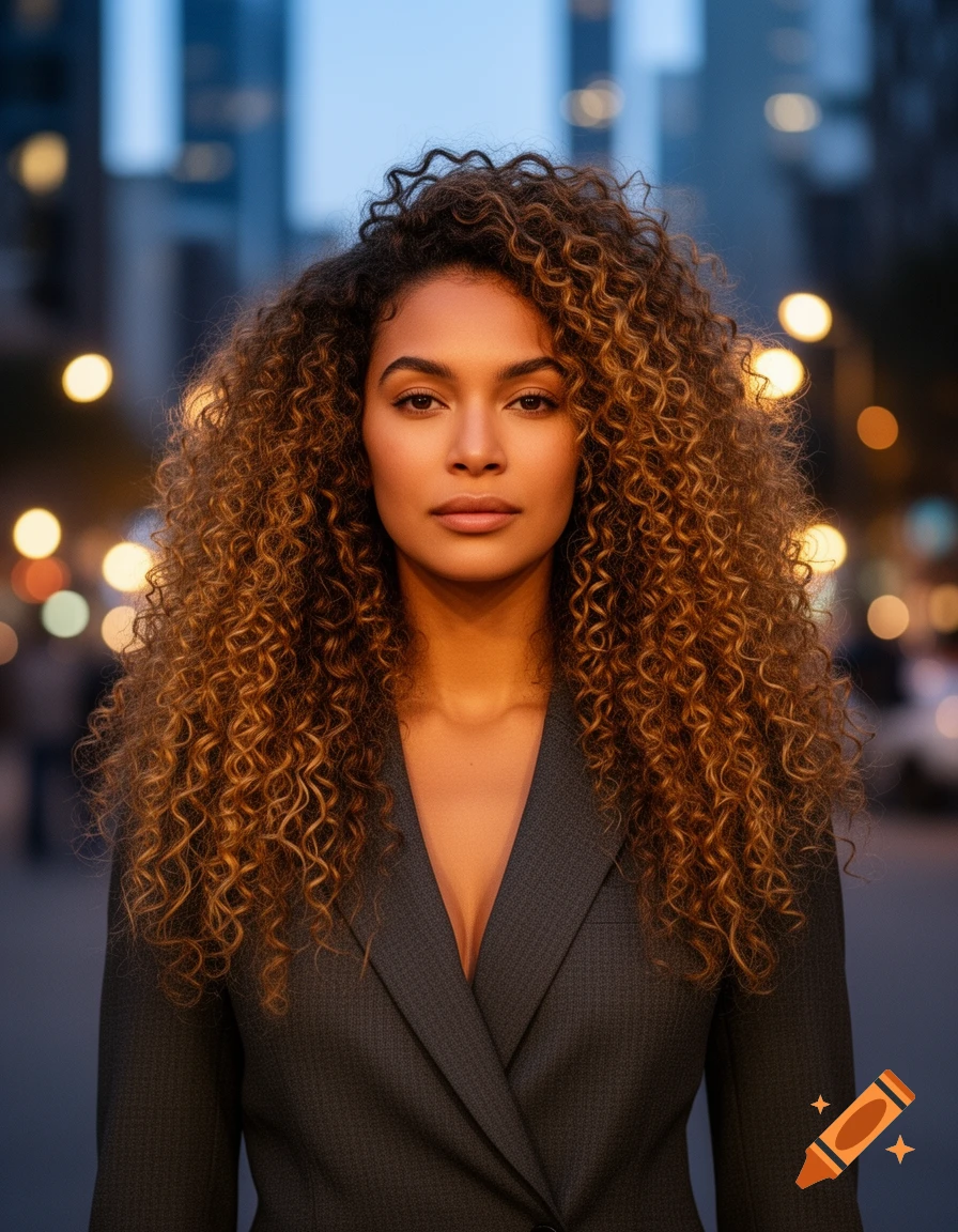 A photorealistic portrait of a woman with long, curly brown hair wearing a dark suit, standing in an urban setting with blurred lights.