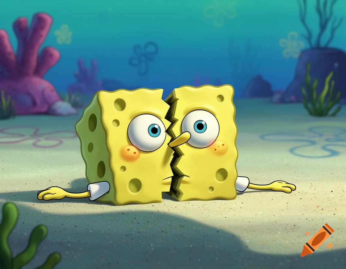 SpongeBob SquarePants cartoon character split in half, lying on the sandy ocean floor in an underwater scene.