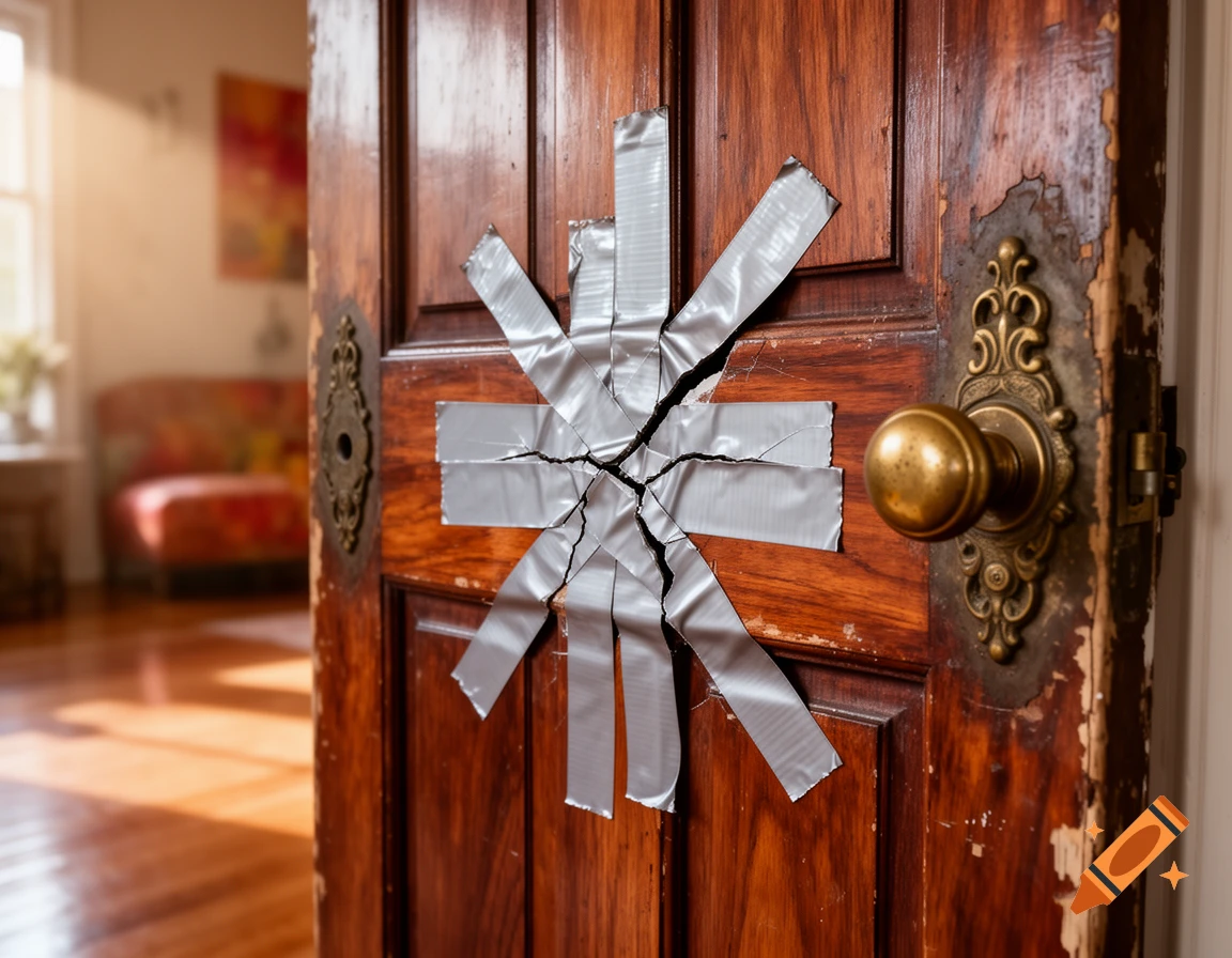 A close-up of a damaged wooden door with peeling paint, repaired with silver duct tape arranged in a star pattern around a crack, with a brass doorknob.