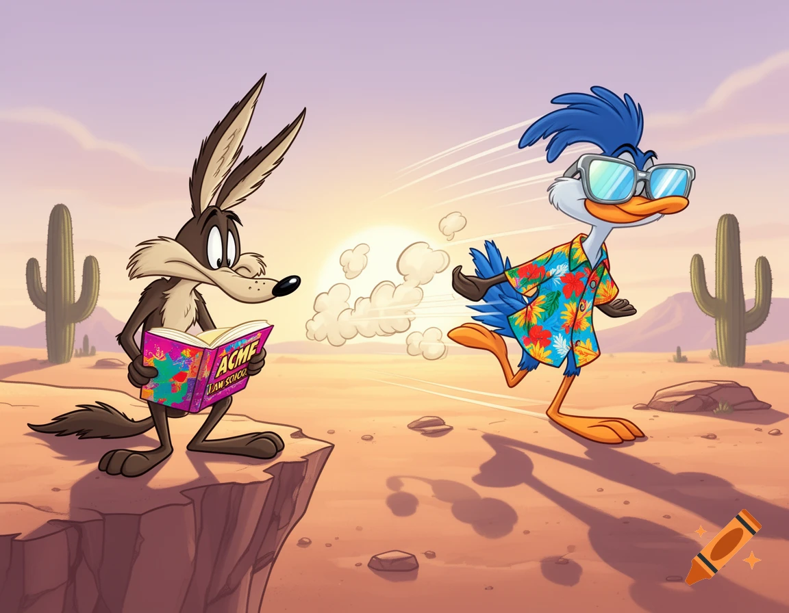 Wile E. Coyote looks sad holding an Acme Law School book as Road Runner in a Hawaiian shirt and sunglasses zooms away in a cartoon desert.