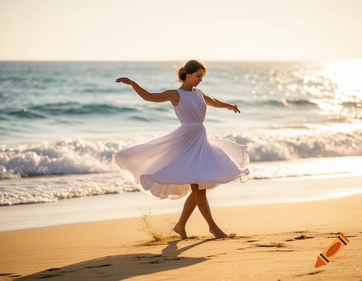 A woman in a white dress dances on a sandy beach with ocean waves and a bright sunset in the background.
