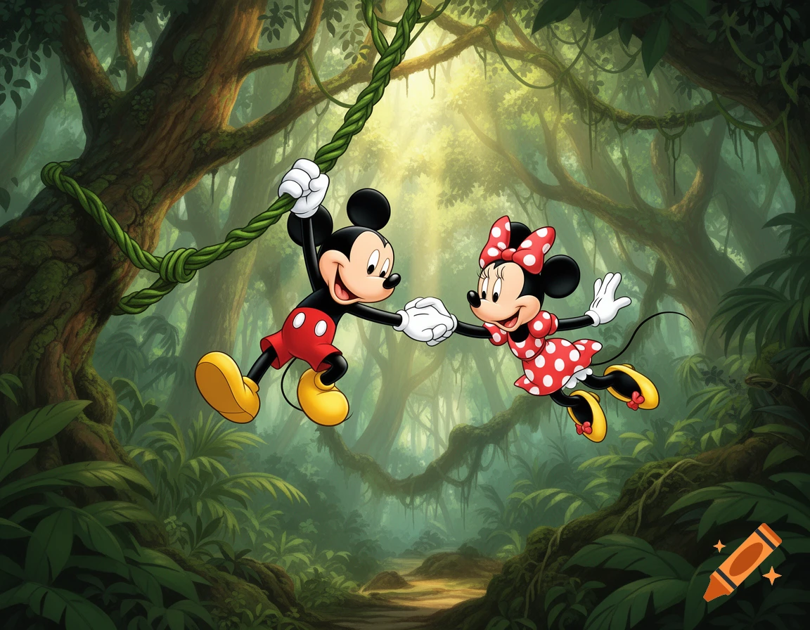 Mickey Mouse and Minnie Mouse swing from a green vine, holding hands in a vibrant, sunlit jungle.