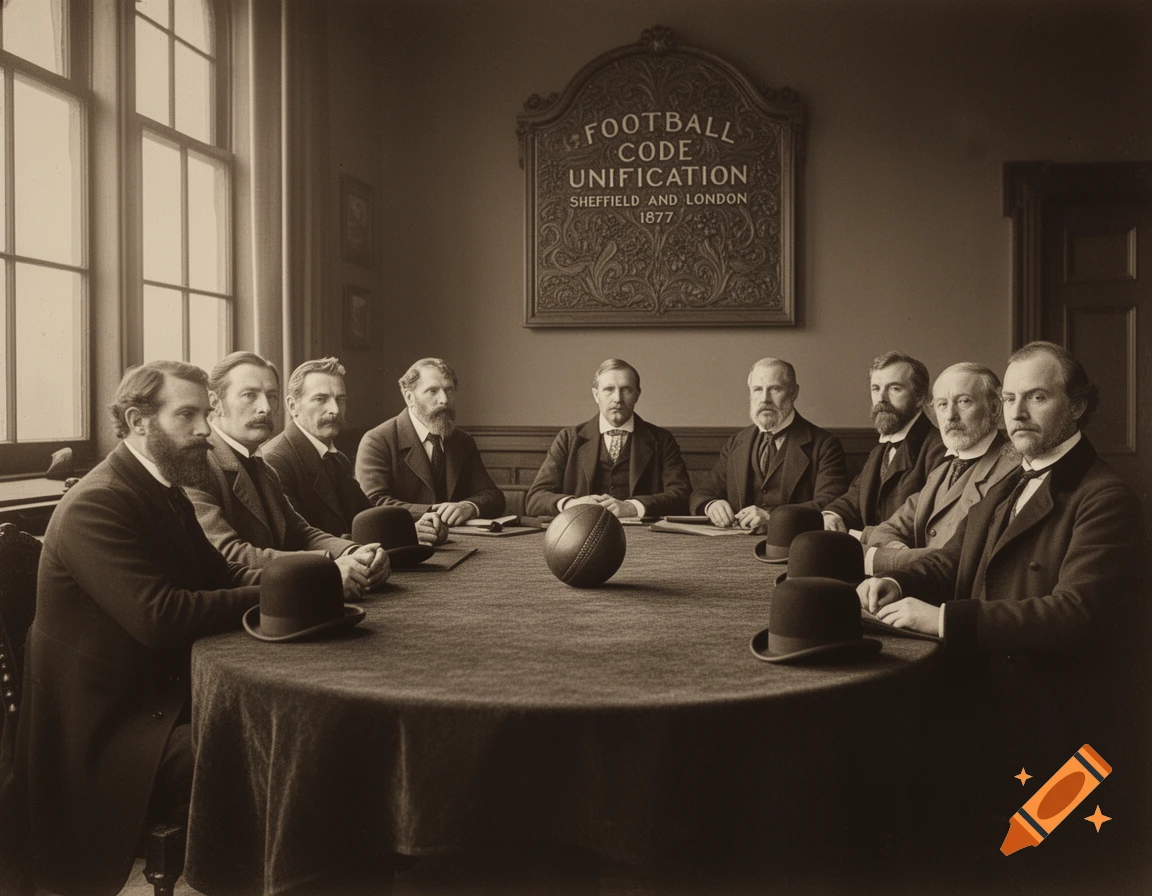 Sepia-toned photo of nine Victorian-era men in suits gathered around a table with a football, a sign reads "Football Code Unification Sheffield and London 1877".
