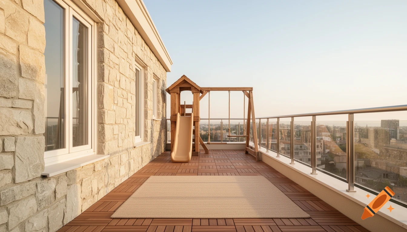 Sunny long balcony with stone wall, windows, wooden decking, outdoor rug, and a kids' playhouse with slide and swings, overlooking a city.