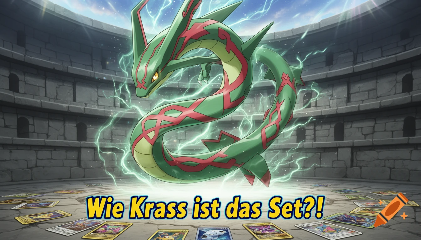 Mega Rayquaza, a green dragon-like Pok 00e9mon, floats in a stone arena with scattered Pok 00e9mon cards and text "Wie Krass ist das Set?!". Anime style.