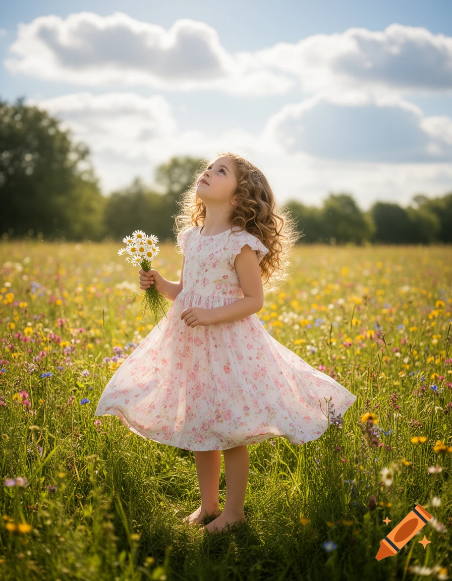 A photorealistic image of a young girl with curly hair, in a floral dress, holding daisies in a sunny wildflower field, looking up at the sky.