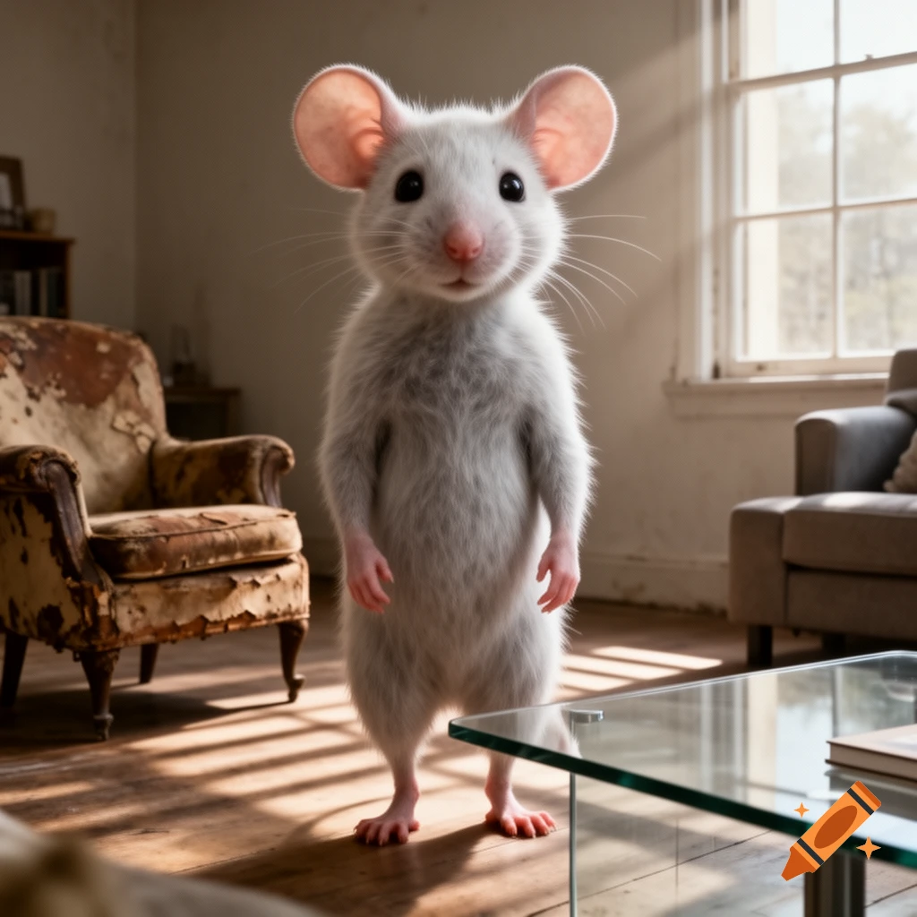A photorealistic white-gray mouse hybrid stands upright in a sunlit living room with an old armchair.