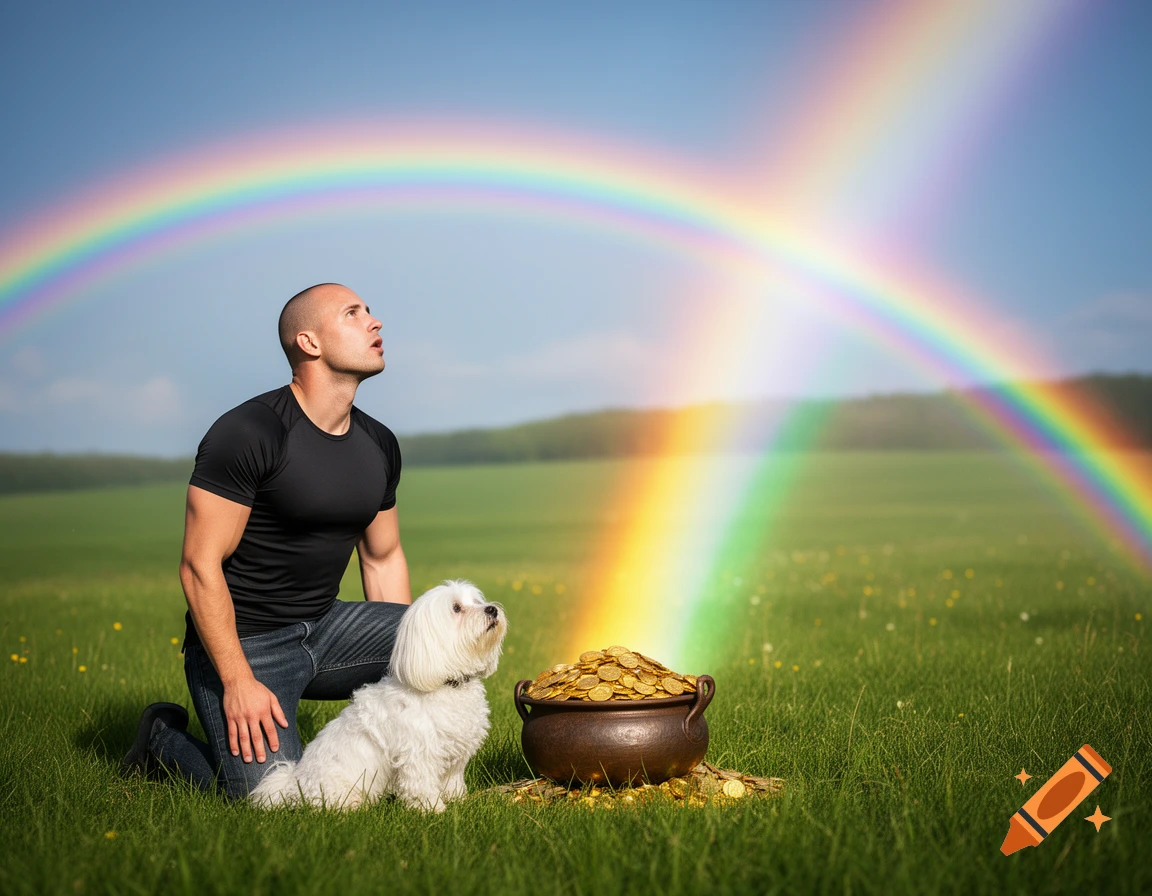 A man and his white dog kneel in a green field, looking up at a vibrant rainbow that ends at a pot of gold coins.