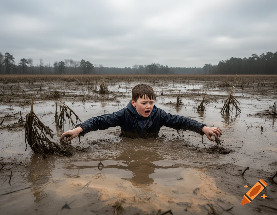 A boy in a blue jacket struggles, waist-deep in a muddy field under a cloudy sky.