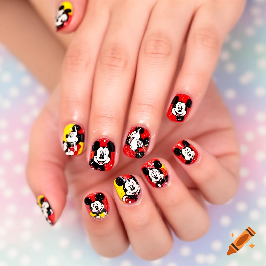 Close-up of a hand with vibrant red and yellow nail art featuring various expressions of Mickey Mouse characters, accented with glitter.