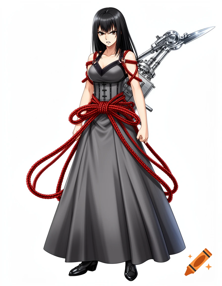 Anime-style young woman with black hair, an angry expression, wearing a dark grey dress with red ropes and a mechanical blade on her back.